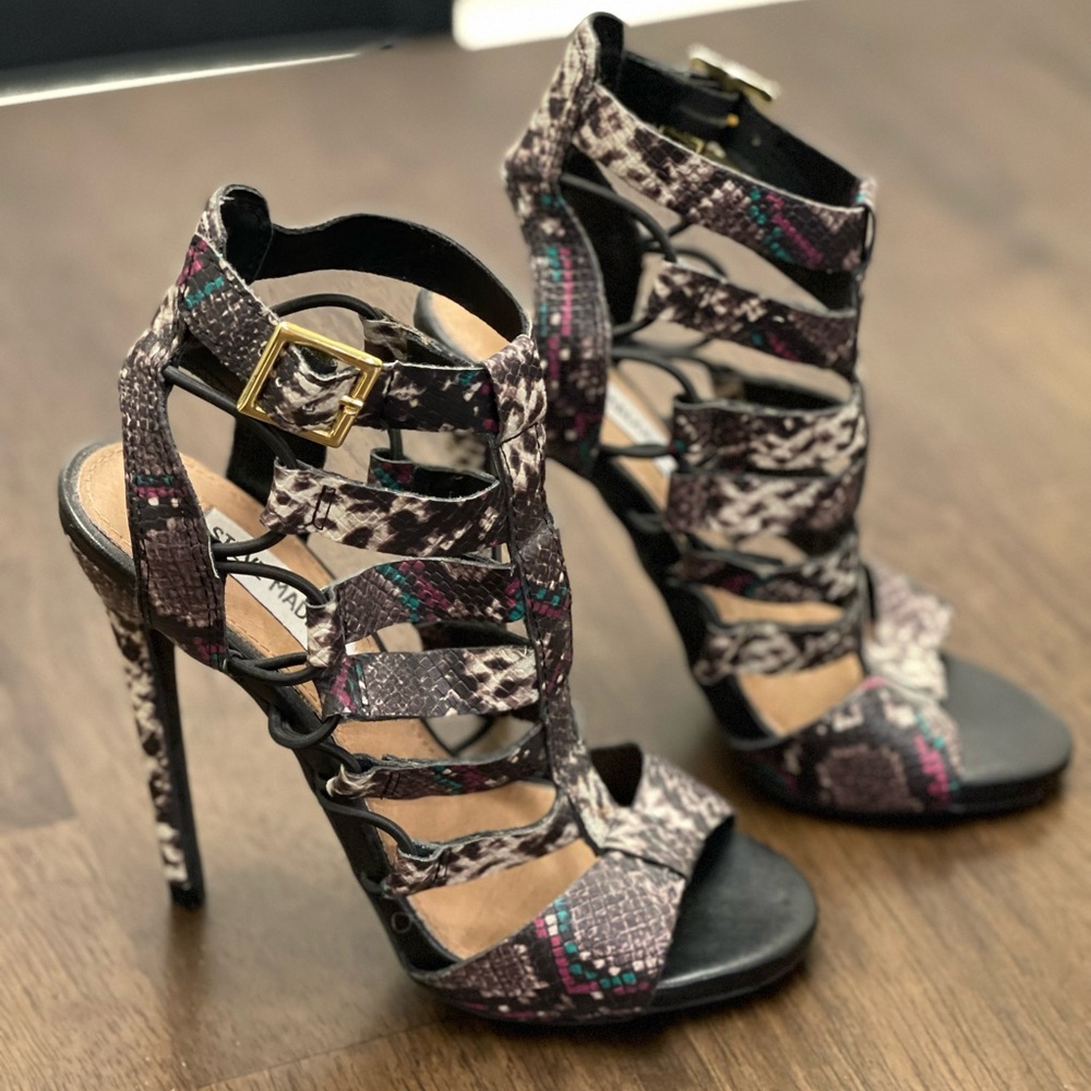 Steve Madden Multi Color Snakeskin Strappy Heels.